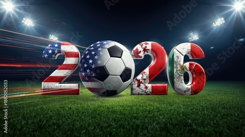 Upcoming FIFA World Cup event in 2026 with soccer ball and flags of USA, Canada, and Mexico