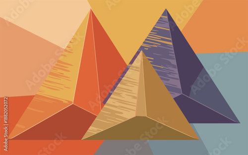 Geometric pyramids in a vibrant, abstract landscape viewed from a slight elevation