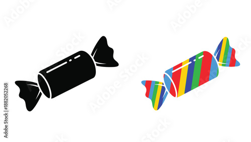 a pair of wrapped candies with colorful stripes and a plain black silhouette