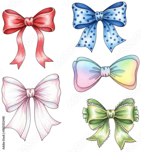 Red Bow png Blue Ribbon cutout Pink Knot png Green Adornment cutout Colorful Ornament png Polka Dot Tie cutout Lace Sash png Festive Loop cutout Decorative isolated transparent background image