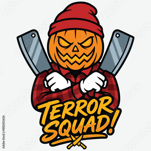 Terror Squad Pumpkin Lumberjack – Horror Mascot Flat Vector