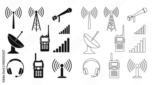 various communication devices and signal icons displayed in a simple black and white illustration