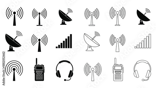 a collection of monochrome communication icons including antennas satellite dishes and devices