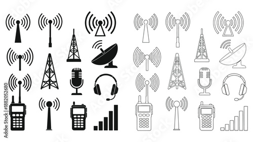 various communication icons including antennas satellite dishes and mobile phones