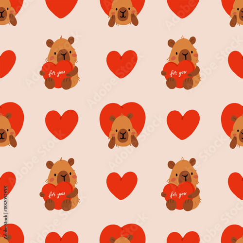 Cute Valentine Capybara Clipart Seamless pattern. Loving Capybaras with Hearts, Gifts, and Romantic Elements, Adorable Flat Cartoon Vector Illustration, romantic kawaii animals