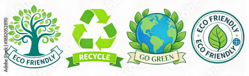 A flat vector illustration showing four different eco-friendly logos on a white isolated background_03.