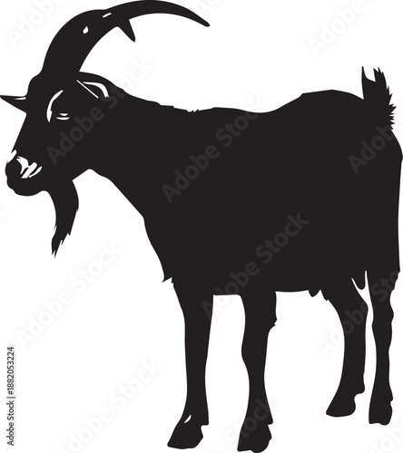 Black goat silhouette with horns and beard, vintage woodcut style engraving vector illustration isolated on white