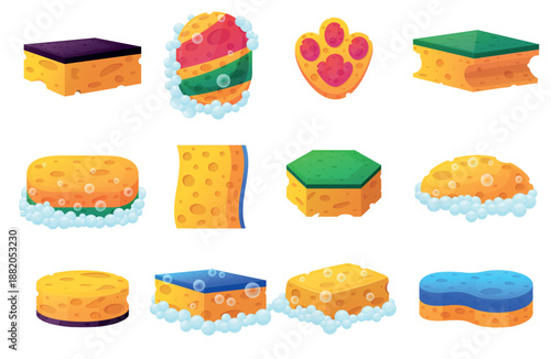 Bath sponge. Different sponges for bathing, body washing. Yellow loofah, kitchen tools for plates cups utensils and dishes cleaning, nowaday vector set