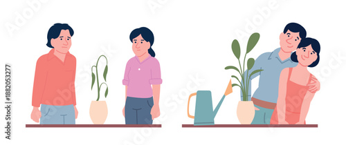 Broken and good relationships in couples. Young couple with dried plant and second with blossom green. Romantic love caring flat vector metaphor