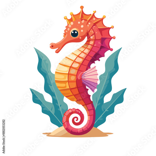 A colorful cartoon seahorse swimming in the ocean with seaweed in transparent background 