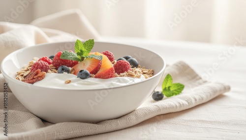 白い器のヨーグルトと新鮮な果物の美しい朝食シーン / Beautiful Breakfast with Yogurt and Fresh Fruit in White Bowl
