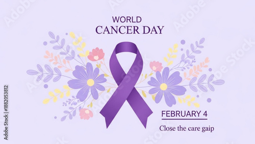 World cancer day awareness ribbon with purple flowers and text on light purple background for health campaign