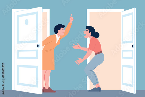 Female neighbors conflict. Women loud shouting in apartment house corridor, neighborhood problems. Adult characters disputing, big quarrel vector scene