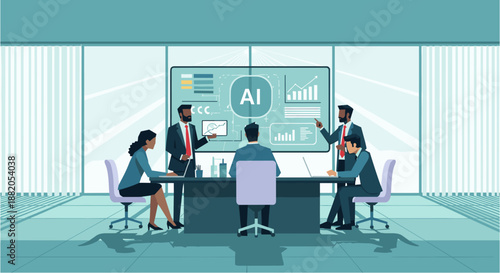 A diverse business team collaborates in a modern office, analyzing artificial intelligence data and financial charts on a large screen during a strategic meeting.