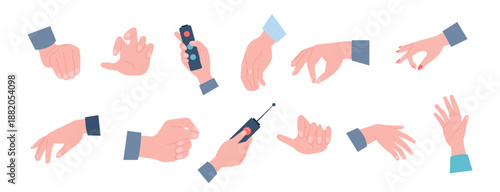 Human hands different postures. Flat hand poses, male female arms point, hold, press, extend. Person body parts, elements for design, vector set