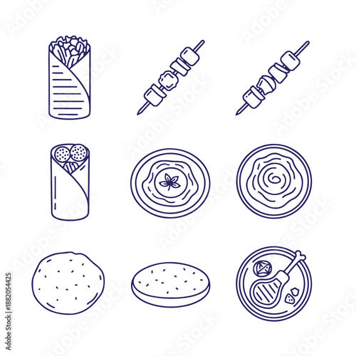 A collection of various food items including fries, skewers, wraps, and plates with different cuisines