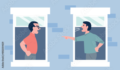 Male neighbors fight. Men scream quarrel, angry neighborhood vibe. Furious adults look out of windows and shout at each other, argues, flat vector urban scene