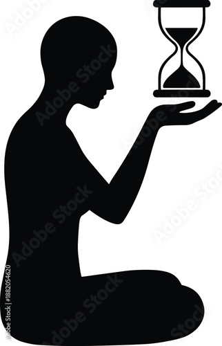 Meditative silhouette holding hourglass symbolizing time, mindfulness, patience, balance, inner peace, spiritual awareness, yoga, calm, and philosophical reflection.