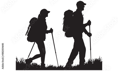 Silhouette of Couple Hiking – Outdoor Adventure, Nature Walk, Trekking Illustration .