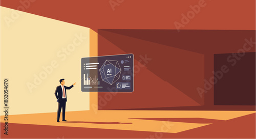 A businessman interacts with an advanced holographic display, showcasing artificial intelligence data analytics and innovative technology in a modern, minimalist room.