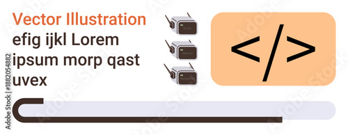 Web development, coding education, retro technology, syntax highlighting, programming interface, digital communication. Code symbol and three retro devices. Web development and coding education
