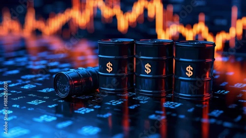 Oil barrels and stock market data show the rise and fall of oil prices in real time