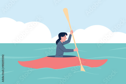 Business woman in kayak. Businessperson rafting, female character along in water. Activity life, purposefulness and active work, workaholism recent vector scene