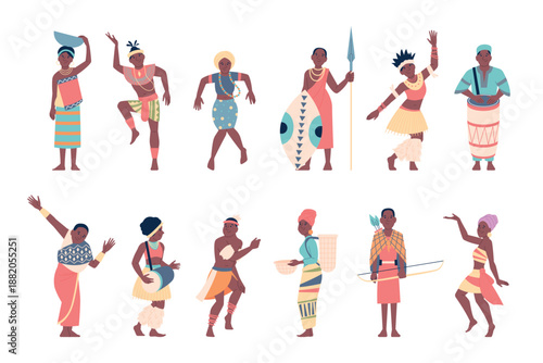 African tribal characters. Adult citizens of africa in traditional costumes. Male warriors, female dancers and musicians players, recent vector set