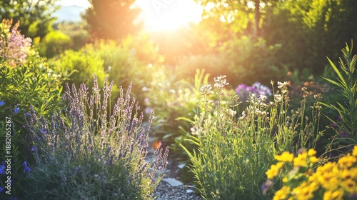 A flourishing garden with plants at various stages of growth bathed in golden afternoon light