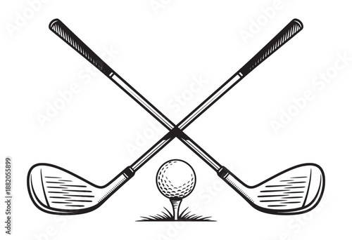 Crossed golf clubs vector icon, ball on tee silhouette, sports illustration, golf equipment graphic, minimal design for logo, branding, and vector projects