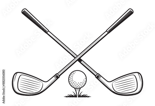 Crossed golf clubs with ball tee silhouette, vector icon design, golf sport illustration, golfing equipment graphic, logo element for sports projects