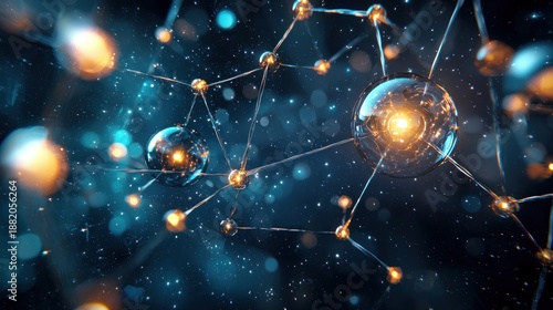 A conceptual 3D illustration of krypton gas atoms floating in space, with glowing orbs and elemental symbols