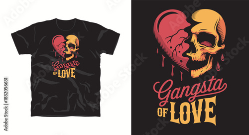 Heart skull design with dripping blood and gangsta of love text for apparel for t-shirt print