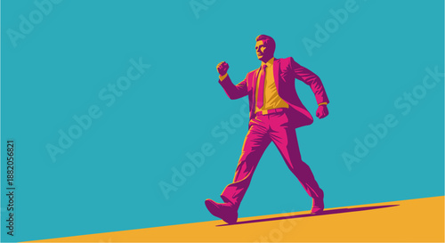 Dynamic illustration of a confident businessman ascending an incline, symbolizing progress, ambition, and upward mobility in a vibrant, stylized pop art aesthetic.