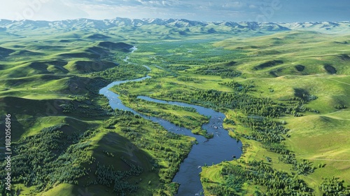 A digital map highlighting influent streams feeding into a major watershed surrounded by rolling hills