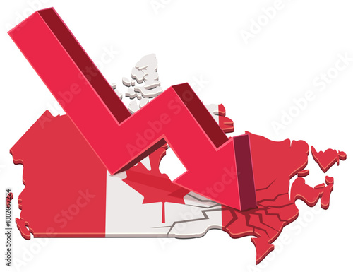 A red downward arrow crashing into a map of Canada with national flag colors. Symbolizes economic crisis, market crash, or financial recession in the country. (cut out)