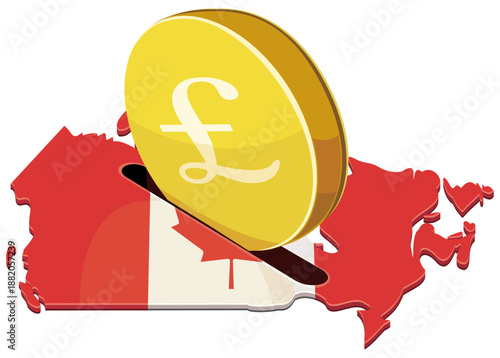A large gold pound coin being inserted into a slot on a map of Canada with its national flag colors. Concept for investment, economy, or financial savings in Spain. (cut out)