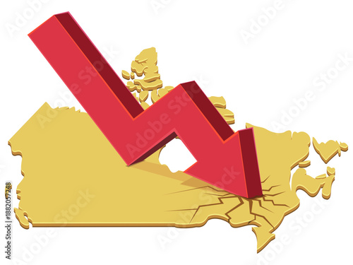 A red downward arrow crashing into a yellow map of Canada, creating cracks. Symbolizes economic crisis, recession, or market crash in the country. (cut out)