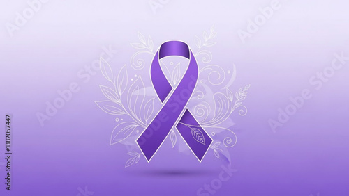 Purple awareness ribbon with floral design on gradient background for epilepsy lupus or domestic violence support