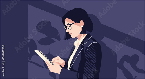 Professional woman in glasses and business attire focused on her digital tablet, illustrating modern productivity and technology integration.