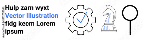 Business strategy, process flow, quality assurance, problem-solving, decision-making, productivity. Gear with check mark, chess knight magnifier. Strategy and quality assurance