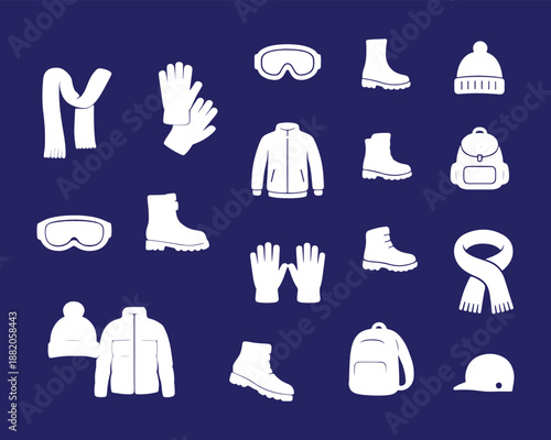 Collection of essential winter clothing and outdoor gear icons for cold-weather activities