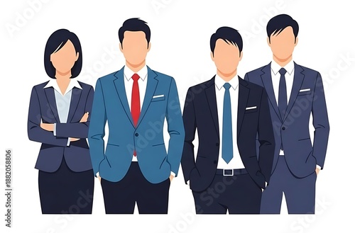A flat style vector illustration of a diverse professional team posing in suits.