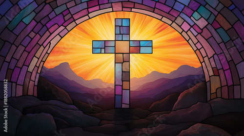 Stained glass cross with sunrise over mountains in religious style