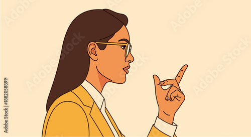 A confident and assertive young businesswoman wearing glasses, gesturing with her hand, showcasing leadership and communication skills in a professional setting.