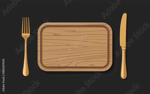 An empty wooden plate with a fork and knife on a dark background viewed from directly above