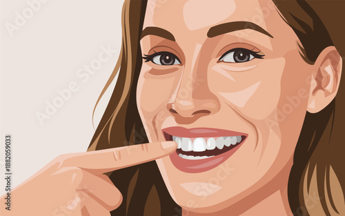 A young woman pointing to her teeth with a finger, showcasing a smiling expression, focusing on oral hygiene and dental care, from a close-up, front-view perspective.