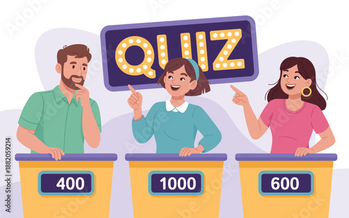 Three contestants participating in a quiz competition standing behind podiums with score displays