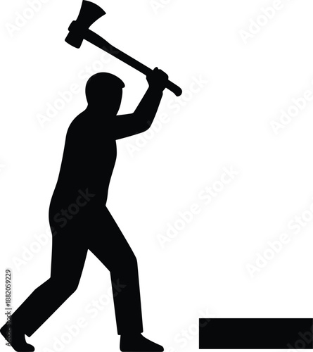 Silhouette of man chopping wood with axe on block, outdoor labor scene, forestry work, rural lifestyle, vector illustration