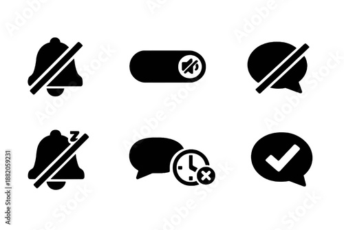Set of 6 chat unmute and notification restore icons designed for customer service platforms and message management interfaces. Clean monochromatic vector symbols for web and mobile platforms.